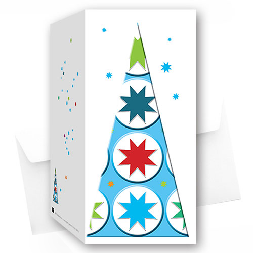 skandinavische frische Weihnachtskarte - stilisierter hellblauer Weihnachtsbaum mit großen Sternen, Artikel-Nr.: W-002.1
