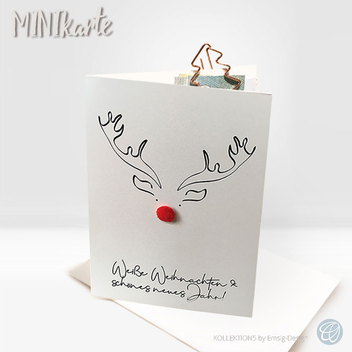 Minikarte, witzige originelle kleine Minikarte mit Rudolph, the Red-Nosed Reindeer und roter Bollennase, Artikel-Nr.: W-mini-0011