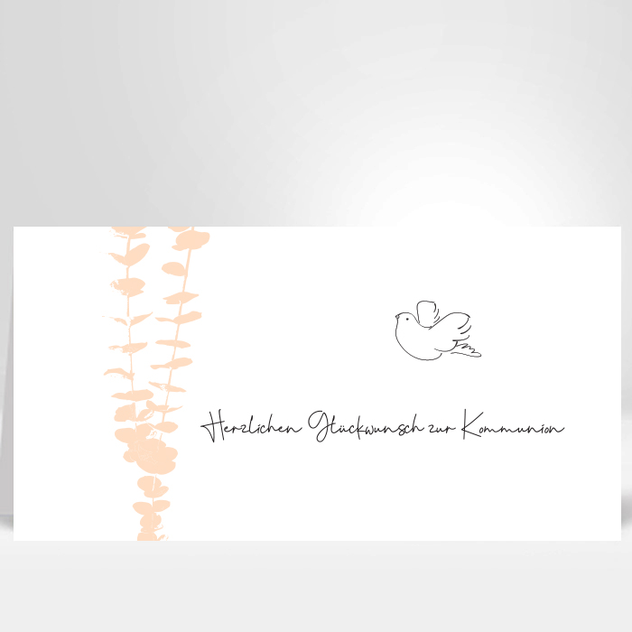 Designer Karte zur Kommunion mit einem Eukalyptuszweig und kleiner Taube, Artikel-Nr: KOM-3001.1