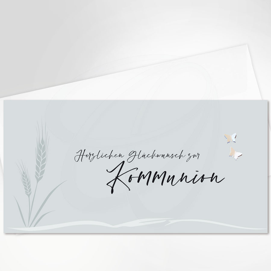 Glückwunsch zur Kommunion, Ähren, Schmetterlinge, weißer Umschlag, Artikel-Nr.: KOM-4000