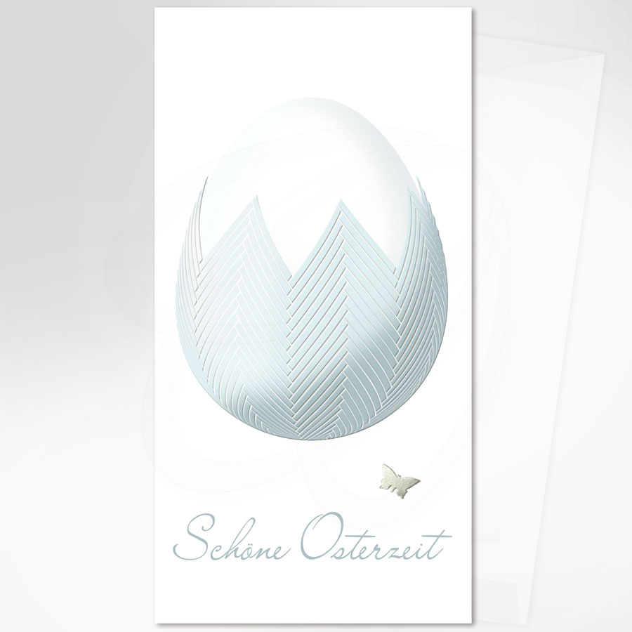 Osterkarte mit einem pastellfarbenen Ei in einer filigranen Schalen-Krone, silbernem Schmetterling und Ostergruß, transparenter Briefumschlag, Artikel-Nr.: O-102.1