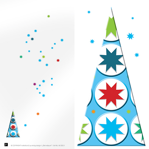 Skandesign Weihnachtskarte - stilisierter hellblauer Weihnachtsbaum mit großen Sternen, Druck Logo rückseitig moderne Weihnachtskarte DIN lang