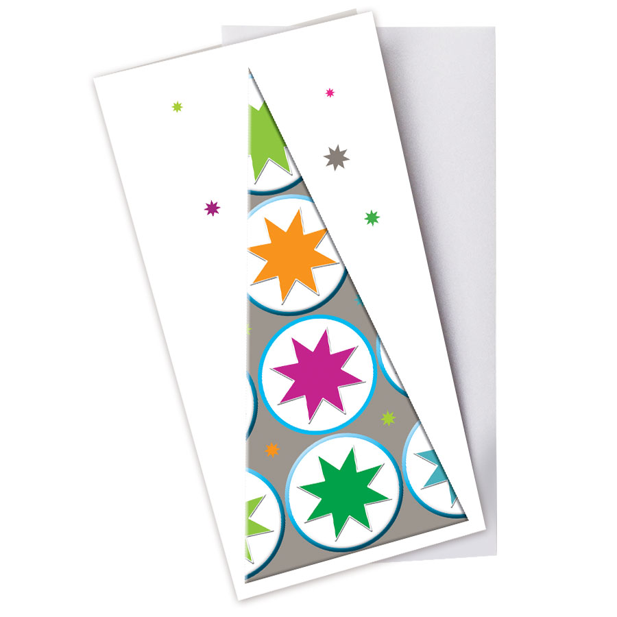 skandinavische frische Weihnachtskarte - stilisierter taupefarbener Weihnachtsbaum mit großen Sternen, Artikel-Nr.: W-002