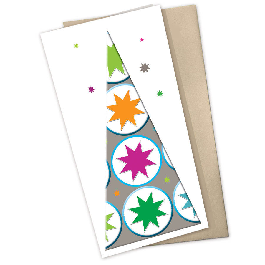 skandinavische frische Weihnachtskarte - stilisierter taupefarbener Weihnachtsbaum mit großen Sternen, Artikel-Nr.: W-002