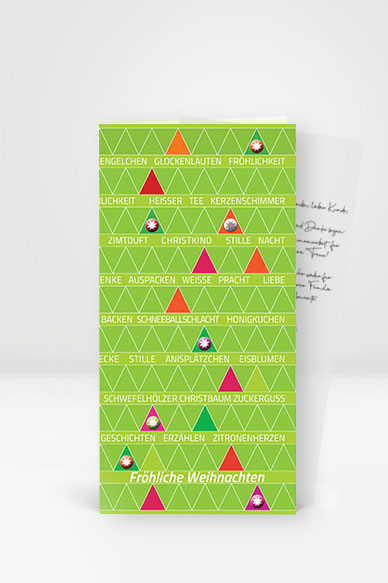 Weihnachtskarte, viele stimmungsvolle weihnachtliche Begriffe, grün, DIN lang