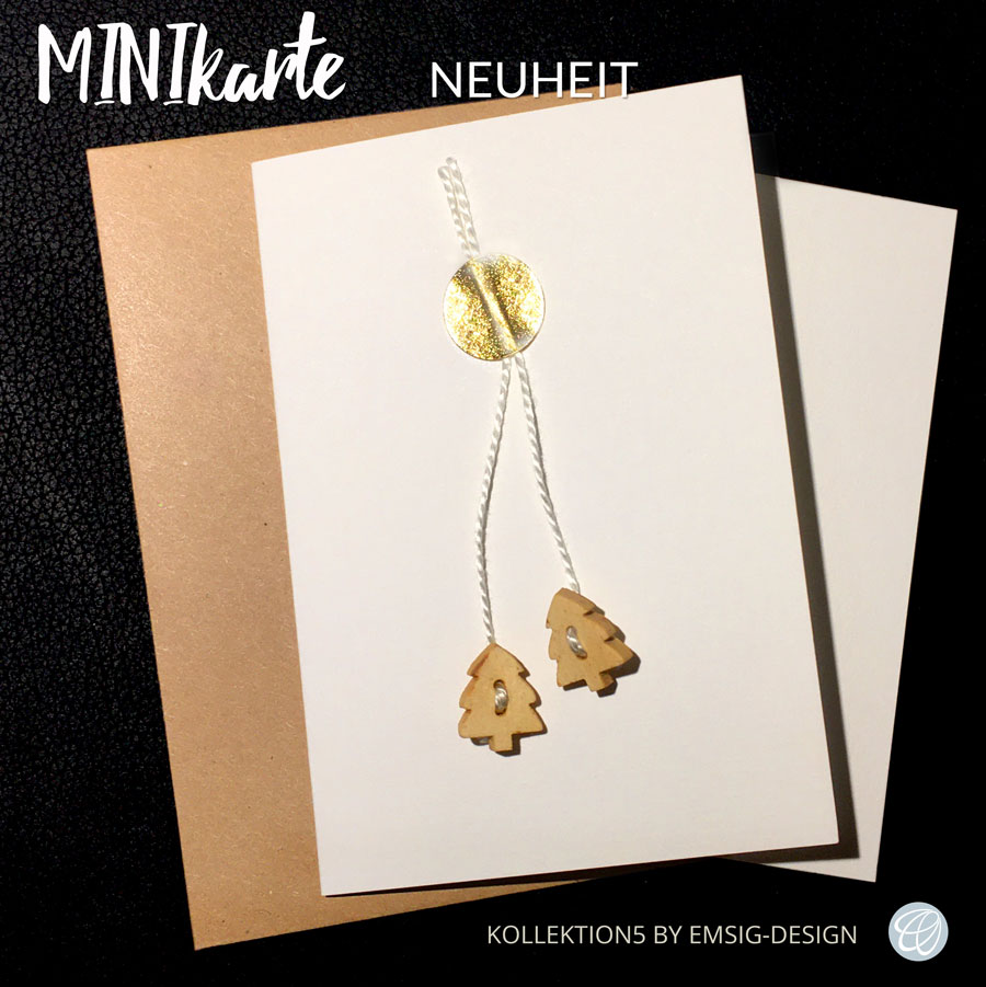 Minikarte zu Weihnachten, zwei kleine Holz Tannen, Goldplättchen