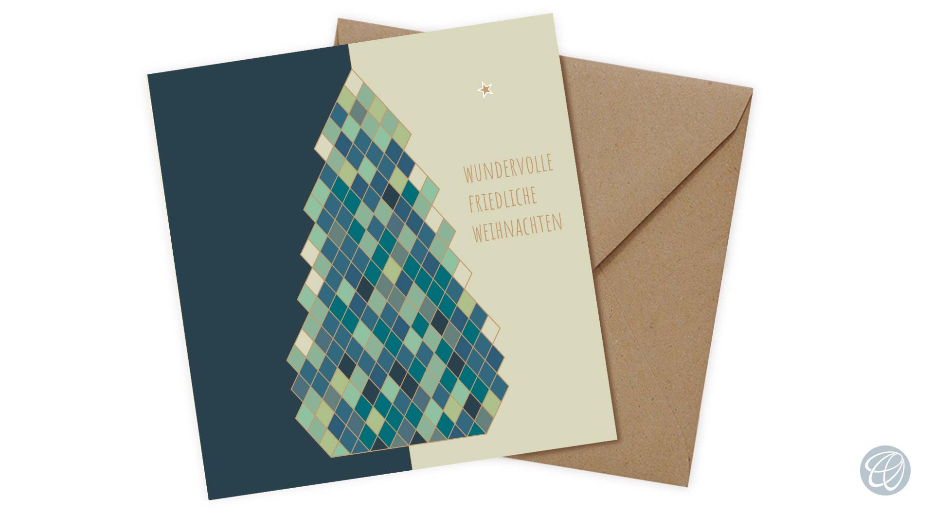 moderne quadratische Weihnachtskarte in nachtblau, jade, mint, sand, Druck auf Perlmuttkarton, Art.-Nr WQ-050.1