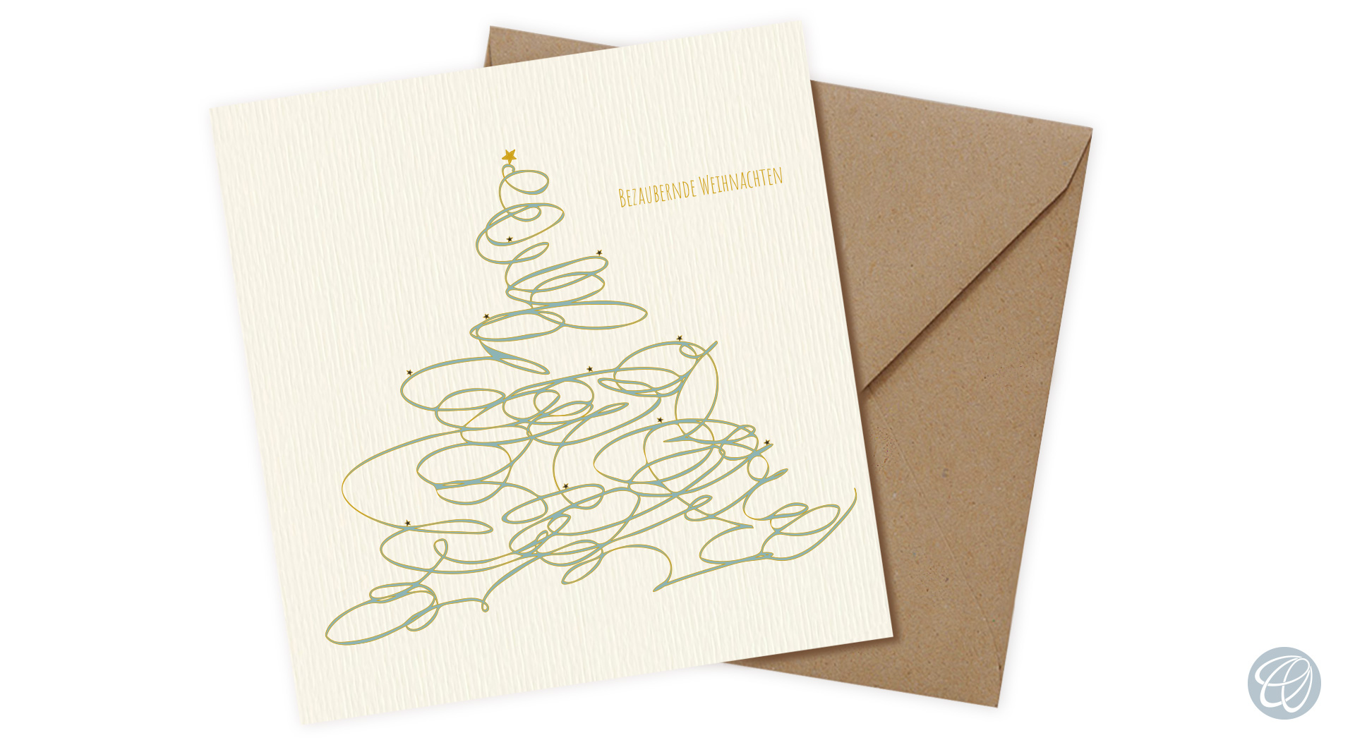 quadratische elegante Weihnachtskarte mit quirligem Kritzelbaum, Druck auf Gmundpapier