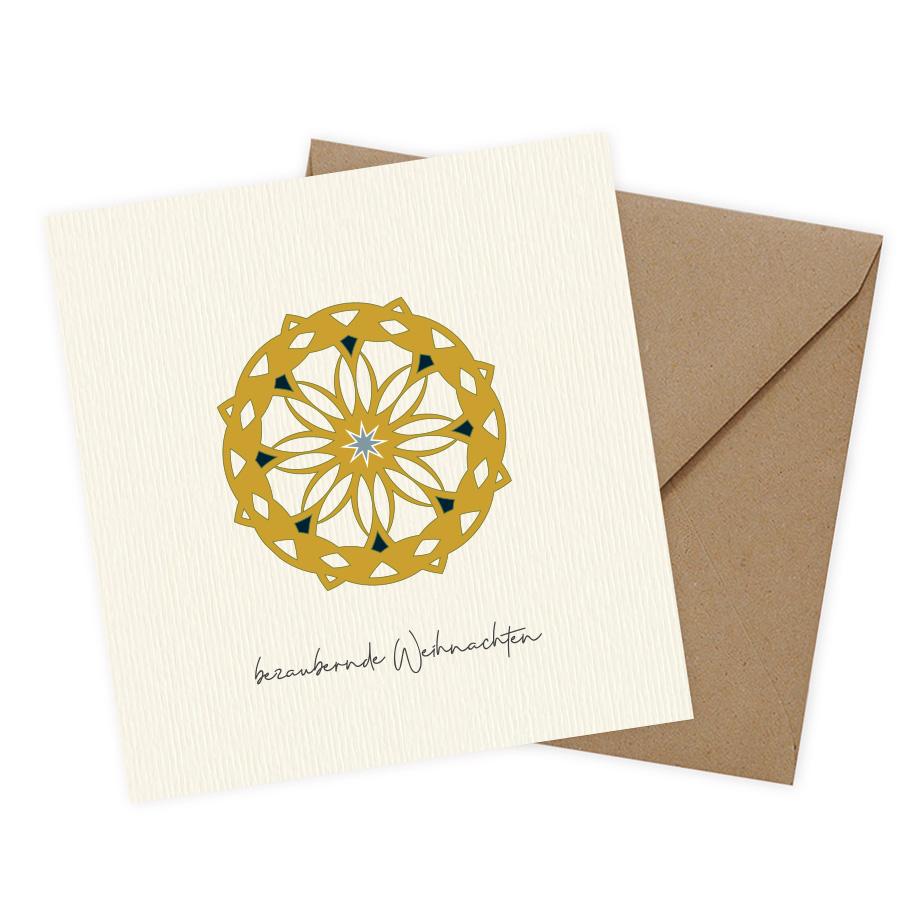 Moderne Weihnachtskarten mit honiggoldener eleganter Sternrosette auf edlem Gmundpapier gedruckt