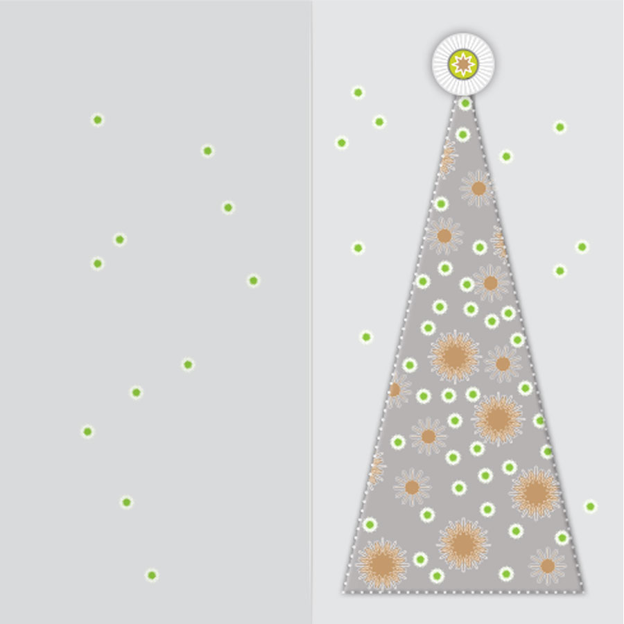 Weihnachtskarte mit einem silbergrauen Weihnachtsbaum, großen goldenen Sternen und grünen Sternblumen, Artikel-Nr.:W-015.1