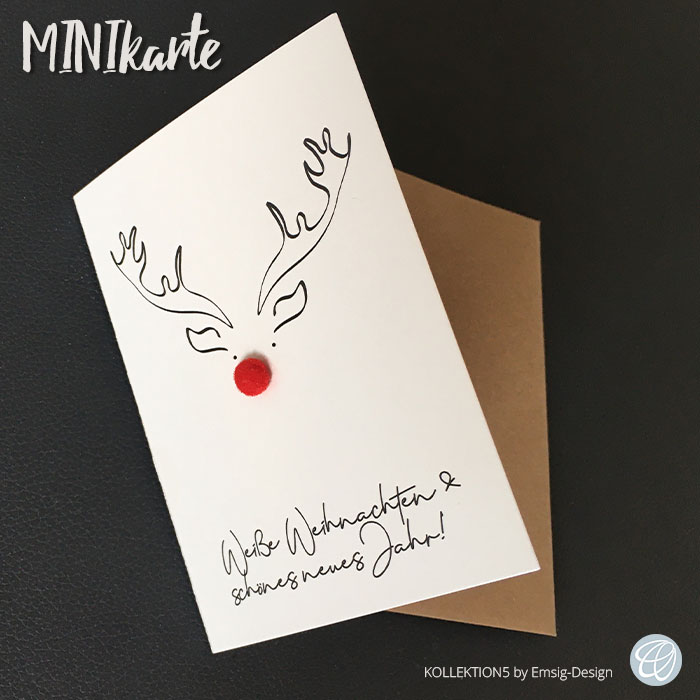 Minikarte, witzige originelle kleine Minikarte mit Rudolph, the Red-Nosed Reindeer und roter Bollennase, Artikel-Nr.: W-mini-001