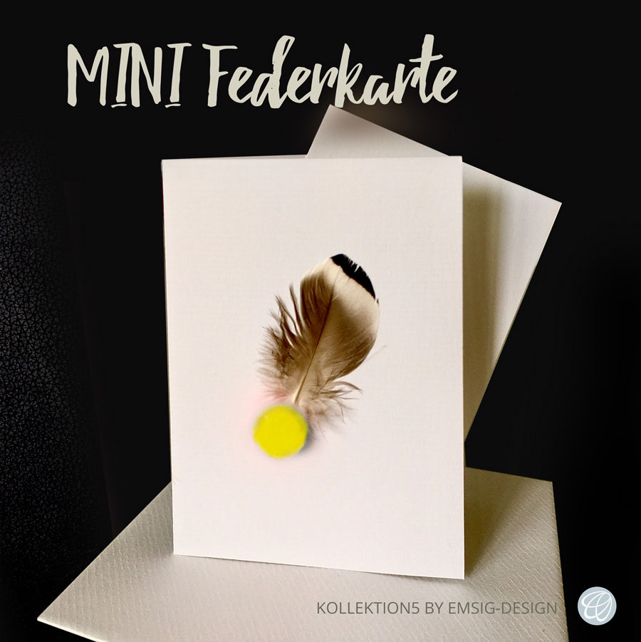 Mini Glückwunschkarte mit echter Feder und gelbem Bollen, Gl-mini-Feder+Bollen-gelb