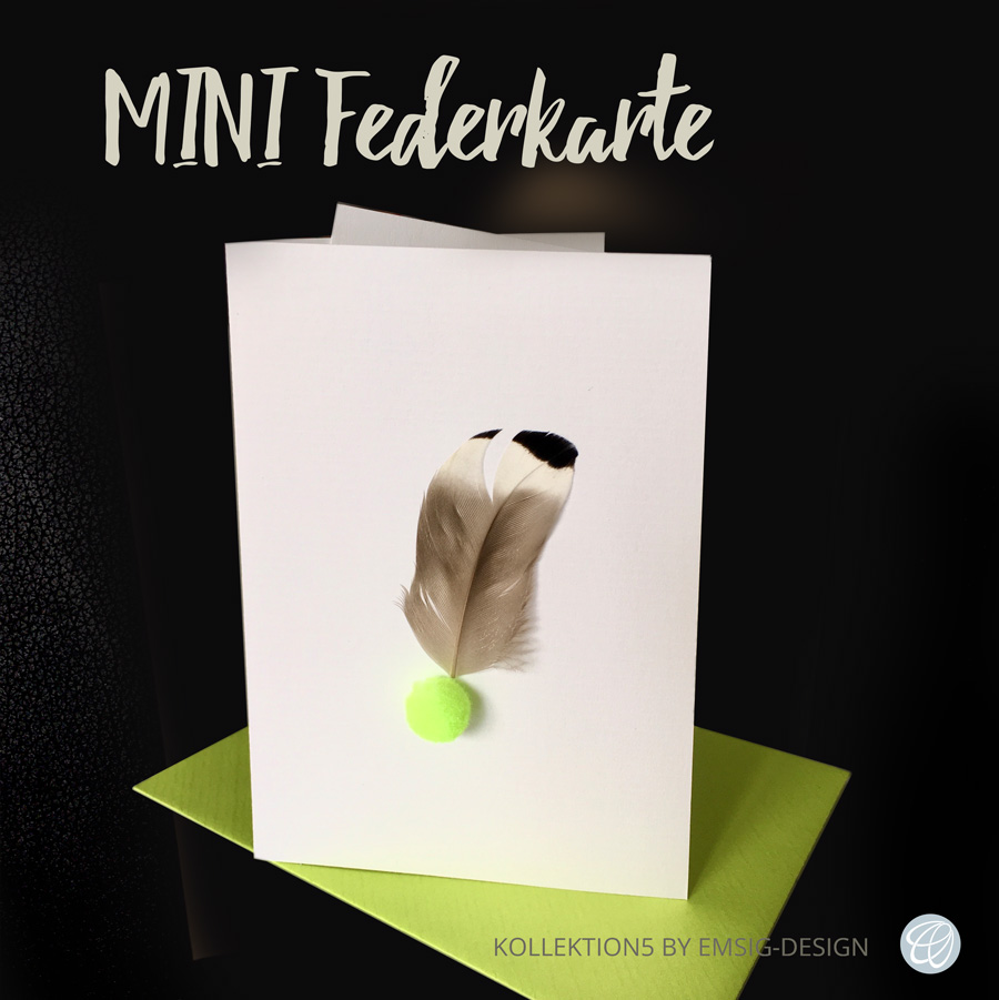 Mini Glückwunschkarte mit echter Feder und neongrünem Bollen, Gl-mini-Feder+Bollen-neongrün