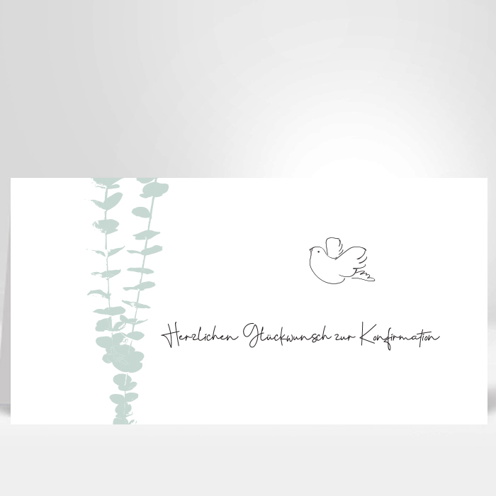 Designer Konfirmationskarten mit einem Eukalyptuszweig und kleiner Taube, Artikel-Nr: KON-3001.1
