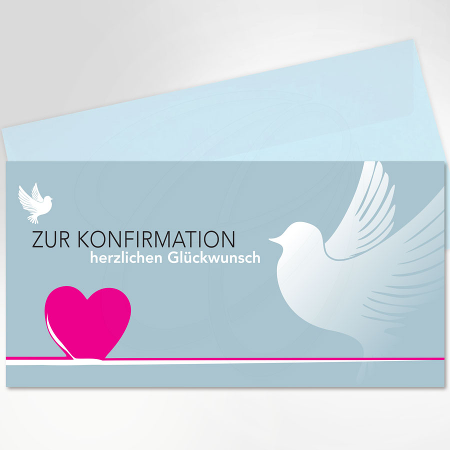 Herzlichen Glückwunsch zur Konfirmation, weiße Tauben, pinkes Herz, hellblauer Briefumschlag, Artikel-Nr.: KON-3002.1