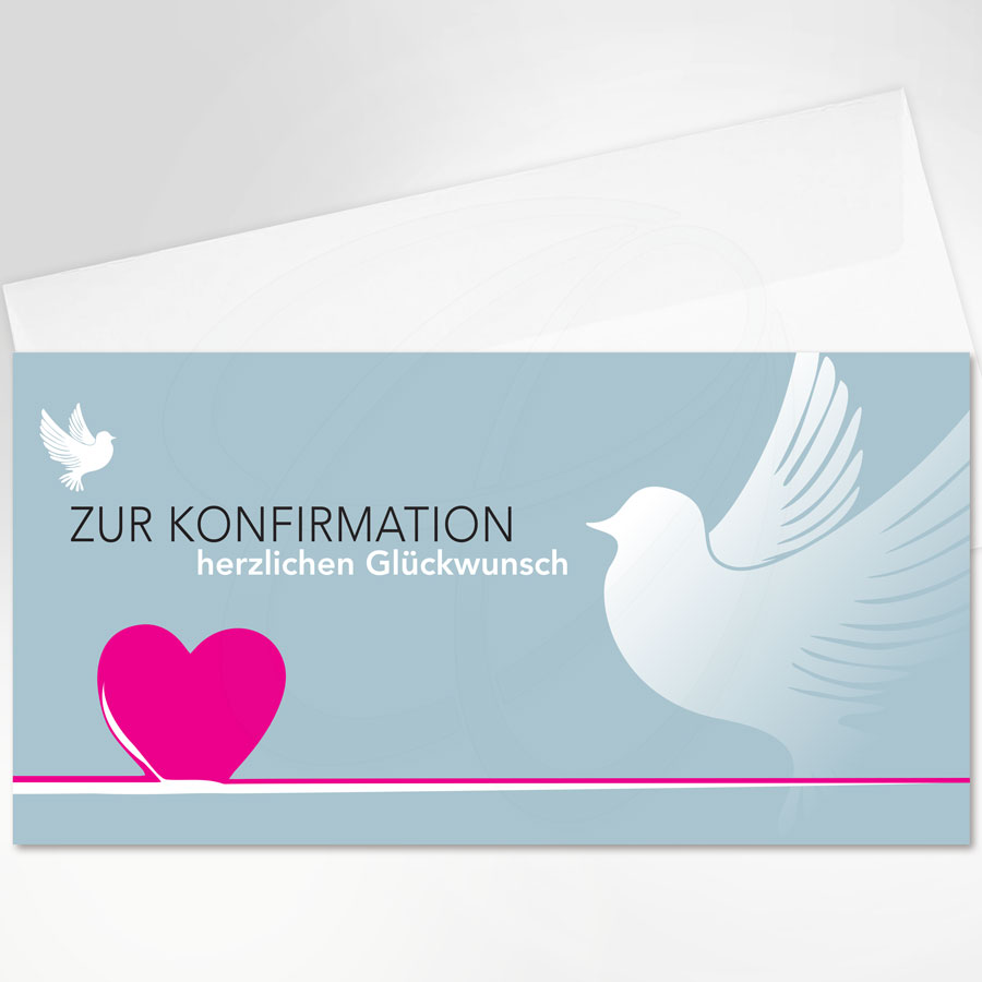 Herzlichen Glückwunsch zur Konfirmation, weiße Tauben, pinkes Herz, weißer Briefumschlag, Artikel-Nr.: KON-3002.1