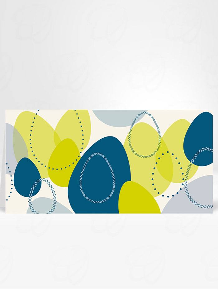 Originelle schöne Osterkarte im Scandesign mit tanzenden Ostereiern in frischem Grün und edlem Petrol, Artikel-Nr: O-701