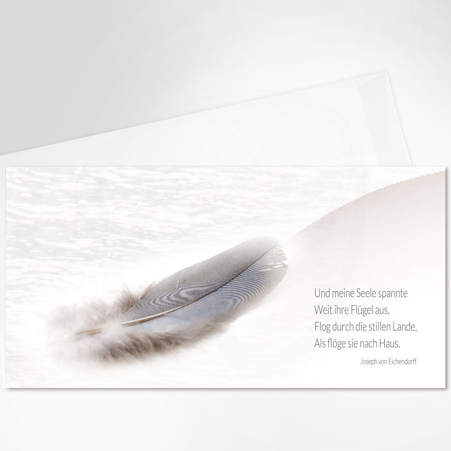moderne stilvolle Trauerkarte mit schwebender Feder, transparenter Umschlag, Artikel-Nr.: T-002.1