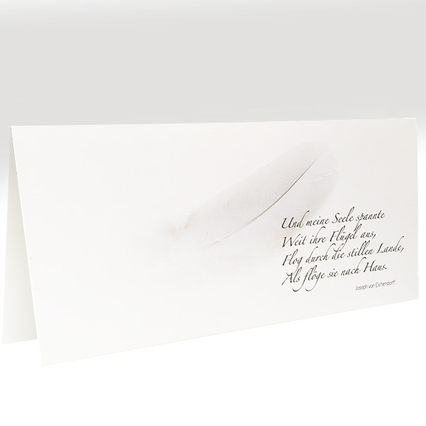 moderne stilvolle Trauerkarte mit weißer Feder, Artikel-Nr T-002