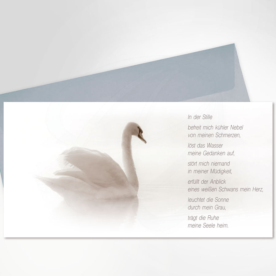Anspruchsvolle Trauerkarte mit weißem Schwan, Gedicht, grauer Umschlag, auf Wunsch mit Einlegeblatt, Artikel-Nr T-021