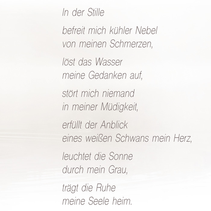 Anspruchsvolle Trauerkarte mit weißem Schwan und Gedicht In der Stille, auf Wunsch mit Einlegeblatt, Artikel-Nr T-021