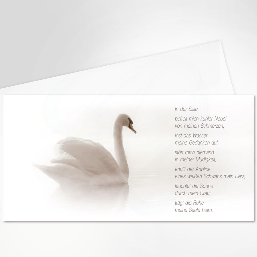 Anspruchsvolle Trauerkarte mit weißem Schwan, Gedicht, weißer Briefumschlag, auf Wunsch mit Einlegeblatt, Artikel-Nr T-021
