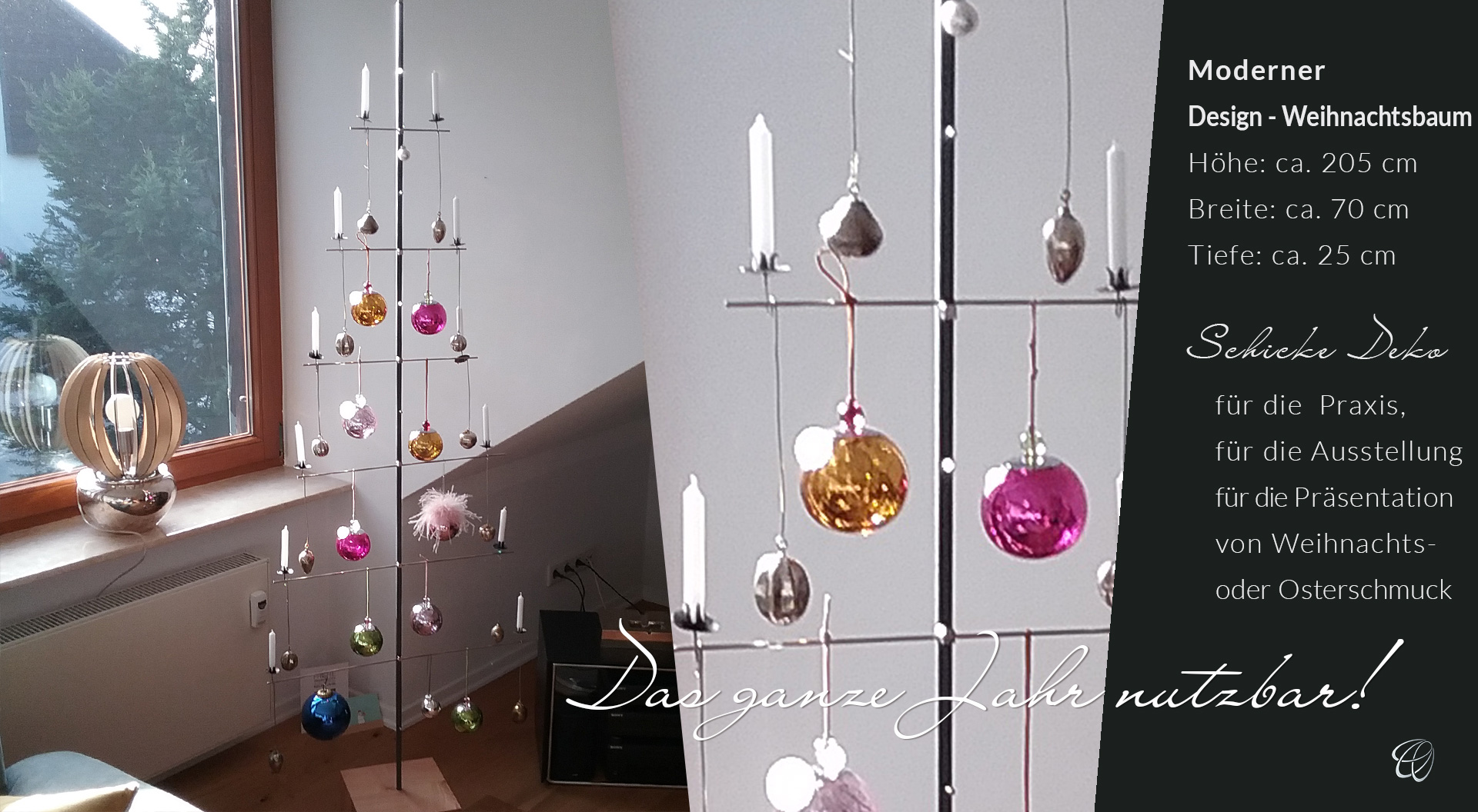 moderner eleganter Design-Weihnachtsbaum, Edelstahl, Holzfuss, pulverbeschichteter Pinnstab, Magnete, anthrazit